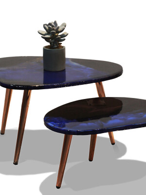 Customized resin table set side nesting table & coffee table with golden-plated steel legs