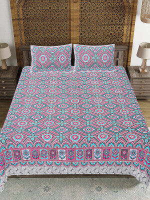 Jaipuri Print Cotton king 90 by 108 Floral Bedsheet with two big size pillow cover BS-41 Multicolor