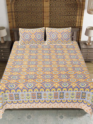 Jaipuri Print Cotton, Floral Bedsheet with two big size pillow cover BS-42 Multicolor