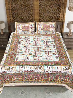 Jaipuri Print Cotton,Floral Bedsheet with two big size pillow cover BS-43 Multicolor