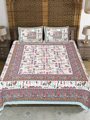 Jaipuri Print Cotton king 90 by 108 Floral Bedsheet with two big size pillow cover BS-45 Multicolor