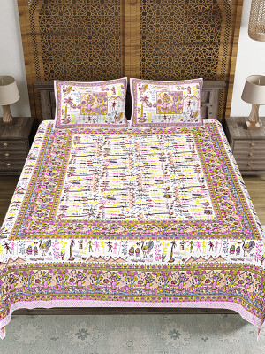 Jaipuri cotton king size 90 by 108 bedsheet with two pillow covers