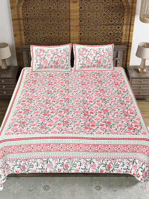 Floral design peach Jaipuri Print Cotton king 90 by 108 Bedsheet with two big size pillow cover BS-47