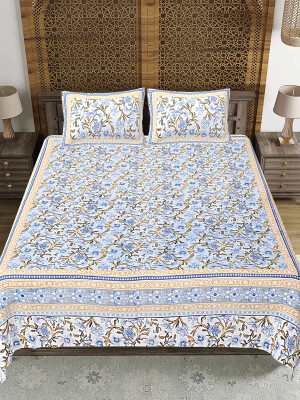 Ink blue Jaipuri Print Cotton king 90 by 108 Floral Bedsheet with two big size pillow cover BS-49