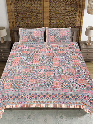 king size peach  jaipuri print cotton bedsheet 90 by 108 bedsheet with two pillow covers