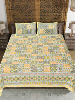 Yellow Jaipuri Print Cotton king 90 by 108 Floral Bedsheet with two big size pillow cover BS-52