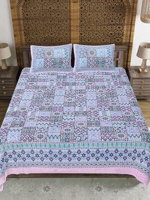 Blue & Pink Jaipuri print cotton king 90 by 108 floral bedsheet with 2 pillow covers