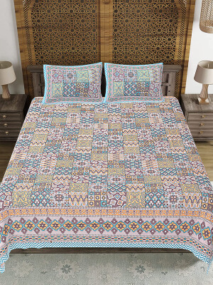 Multicolor Jaipuri Print Cotton king 90 by 108 Floral Bedsheet with two big size pillow cover BS-54