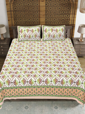 Brown Jaipuri Print Cotton king 90 by 108 Floral Bedsheet with two big size pillow cover BS-55