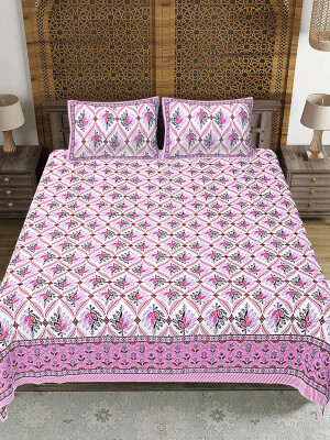 Floral pink Jaipuri Print Cotton king 90 by 108 Floral Bedsheet with two big size pillow cover BS-56