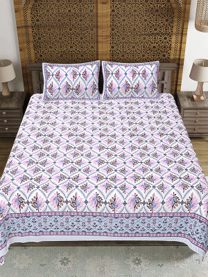 Baby pink Jaipuri Print Cotton king 90 by 108 Floral Bedsheet with two big size pillow cover BS-57