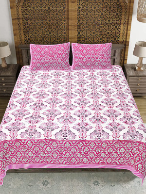 Pink Jaipuri Print Cotton king 90 by 108 Floral Bedsheet with two big size pillow cover BS-59