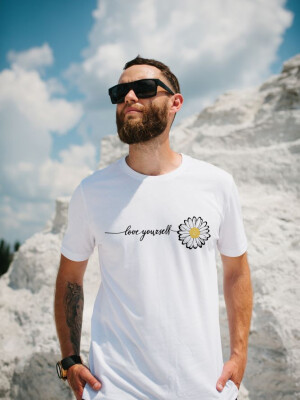 Men's Round Neck White Love Yourself Printed Cotton T-shirt