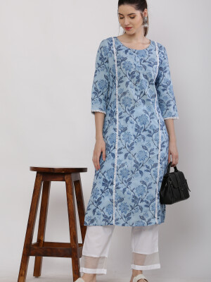 Cotton Light Blue Printed kurta Palazo Set.
