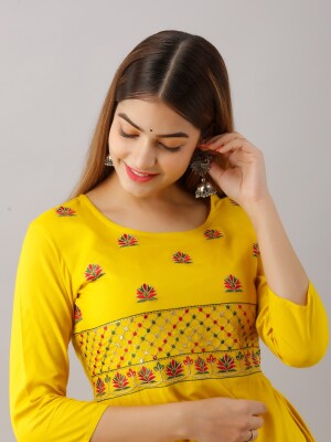 Women's Solid Dyed Rayon Designer Embroidered A-Line Kurta - KR063MUSTARD