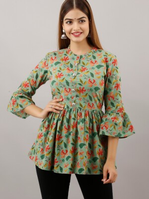 Women's Pure Cotton Printed Hip Length Formal Tops KRT002GREEN