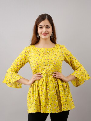 Women's Pure Cotton Printed Hip Length Formal Tops KRT003YELLOW