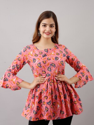 Women's Pure Cotton Printed Hip Length Formal Tops KRT004PINK