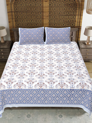 Blue Jaipuri Print Cotton king 90 by 108 Floral Bedsheet with two big size pillow cover BS-61