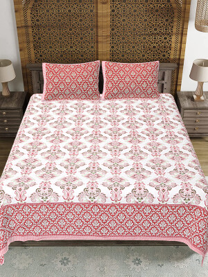 Peach Jaipuri Print Cotton king 90 by 108 Floral Bedsheet with two big size pillow cover BS-62