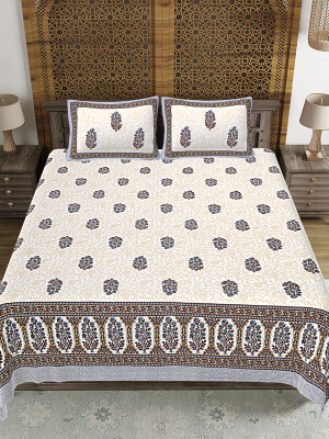 Cream Jaipuri Print Cotton king 90 by 108 Floral Bedsheet with two big size pillow cover BS-65 Floral print