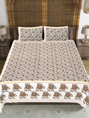 Beige Jaipuri Print Cotton king 90 by 108 Floral Bedsheet with two big size pillow cover BS-68