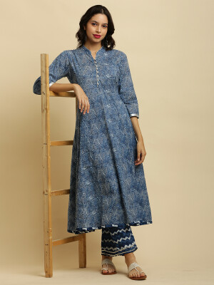 An Indigo Cotton Anarkali Printed Kurta Palazzo Set, a fashionable and comfortable outfit option for a chic and elegant look