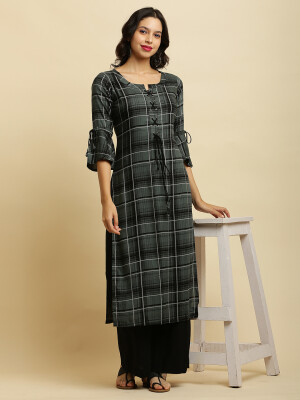 Rayon checked Military green symmetrical Kurta