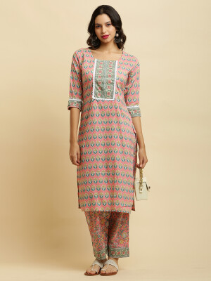 Elegant Straight Cotton Kurta Palazo  Set, Pestal Colour