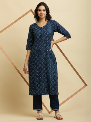 Elegant Straight indigo Cotton Kurta, Palazzo Set
