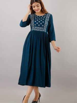 Women's Solid Dyed Rayon Designer Embroidered A-Line Kurta - KR015BLUE