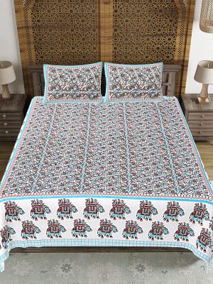 White & Blue Jaipuri Print Cotton king 90 by 108 Floral Bedsheet with two big size pillow cover BS-70