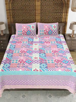 Jaipuri Print Cotton king 90 by 108 Floral Bedsheet with two big size pillow cover BS-71 Multicolor