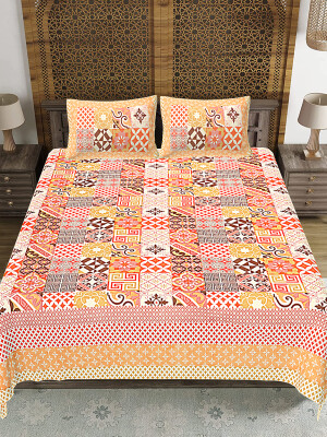 Yellow Jaipuri Print Cotton king 90 by 108 Floral Bedsheet with two big size pillow cover BS-72