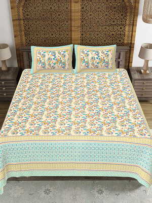 Jaipuri Print Cotton king 90 by 108 Floral Bedsheet with two big size pillow cover BS-75 Multicolor