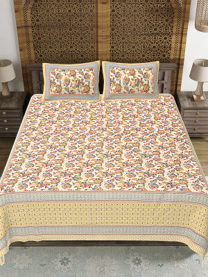 Jaipuri Print Cotton king 90 by 108 Floral Bedsheet with two big size pillow cover BS-76 Multicolor