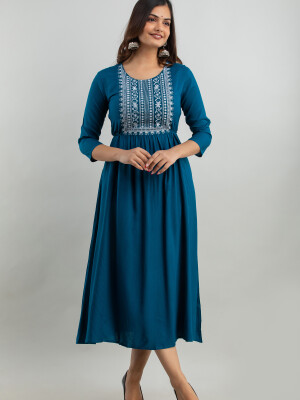 Women's Solid Dyed Rayon Designer Embroidered A-Line Kurta - KR0105BLUE