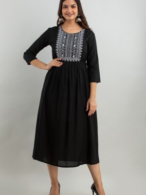 Women's Solid Dyed Rayon Designer Embroidered A-Line Kurta - KR0105BLACK