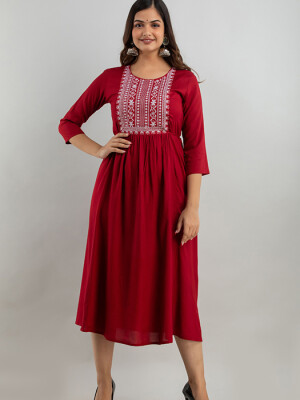 Women's Solid Dyed Rayon Designer Embroidered A-Line Kurta - KR0105MAROON