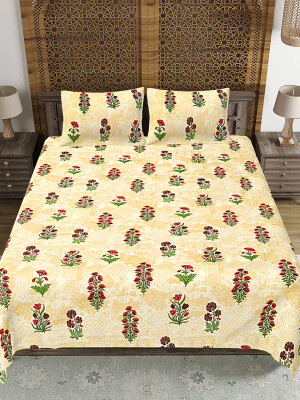 Lemon yellow jaipuri print king size cotton bedsheet with 2 pillow covers