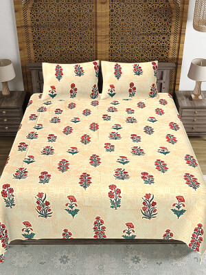 Cream floral Jaipuri Print Cotton king 90 by 108 Bedsheet with two big size pillow cover BS-84