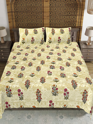 Beautiful floral design Jaipuri Print Cotton king 90 by 108 Bedsheet with two big size pillow cover