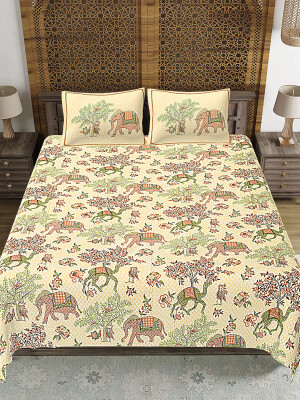 Jaipuri Print Cotton king 90 by 108 Floral Bedsheet with two big size pillow cover BS-88 Multicolor