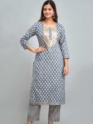 Traditional Zari Embroidery Work A-Line Kurta With Trouser & Dupatta - KR3011GREY