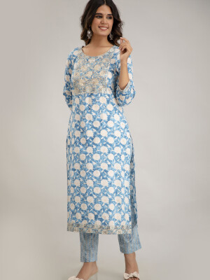 Traditional Zari Embroidery Work A-Line Kurta With Trouser & Dupatta - KR3012BLUE