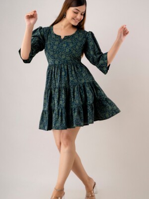 Women's Pure Cotton Designer Printed Dress-(Green)-DR4003GREEN
