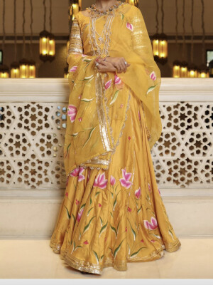 Festive Yellow Aam Ras Lehenga by Monika