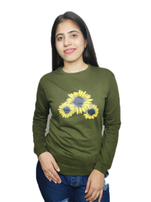 Women's Olive Cotton Yellow Printed Tee