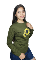 Women's Olive Cotton Yellow Printed Tee