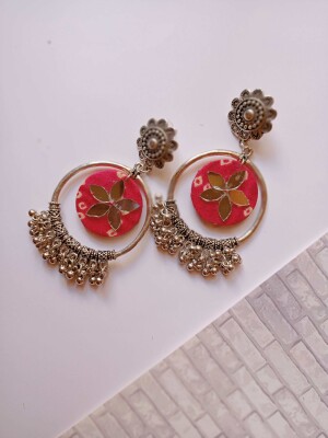 Rainvas pink bandhani printed fabric bali ghungroo earrings